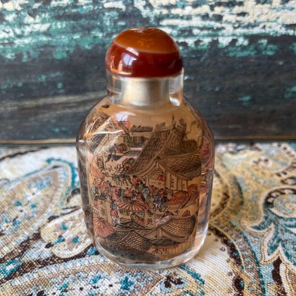 Vintage JAPANESE REVERSE PAINTED PAPERWEIGHT intricately detailed town scene - Picture 1 of 8